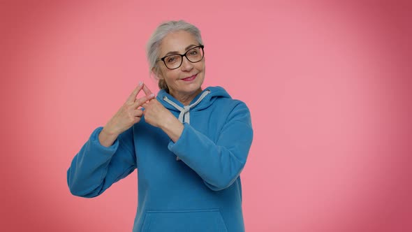 Cheerful Senior Old Woman Showing Hashtag Symbol Likes Tagged Message Follow Internet Trends