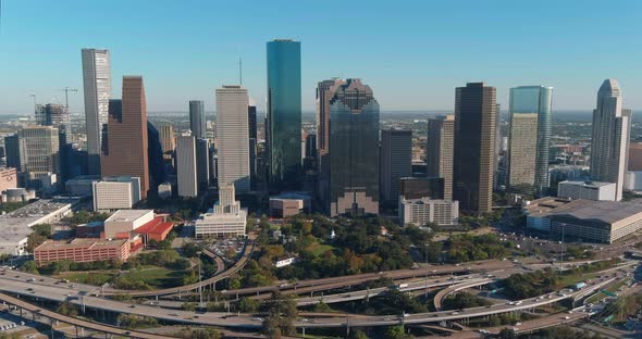 Drone view of skyscrapers in the Downtown Houston area. This video was filmed in 4k for best image q