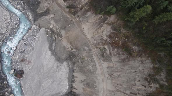 Marsyangdi River flowing at the base of a landslide in Nepal