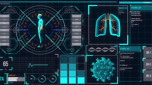 Animation of the human body analyzed on a screen, lungs and heart beat analyzed, medical information