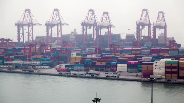 Timelapse Trucks in Container Terminal in Port of Shenzhen