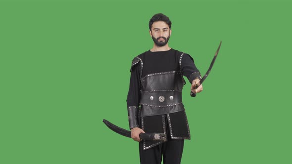Medieval soldier. Historical reenactment. Green Screen Video. alt