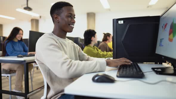 Young multiracial students taking an exam in high school - Education and technology concept