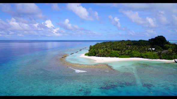 Aerial above panorama of tranquil sea view beach wildlife by aqua blue sea with white sandy backgrou