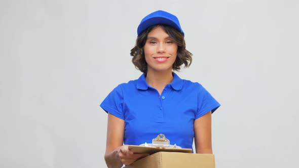 Happy Delivery Girl with Parcel Box and Clipboard