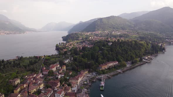 Aerial arc over popular Italian travel destination (Bellagio) on Lake Como