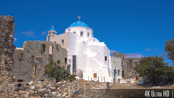 4K Agios Georgios Church Inside the Castle Ruins on Astypalaia Island, Greece