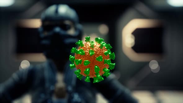 Woman in Protective Medical Mask on Her Face Looking at COVID-19 Coronavirus alt