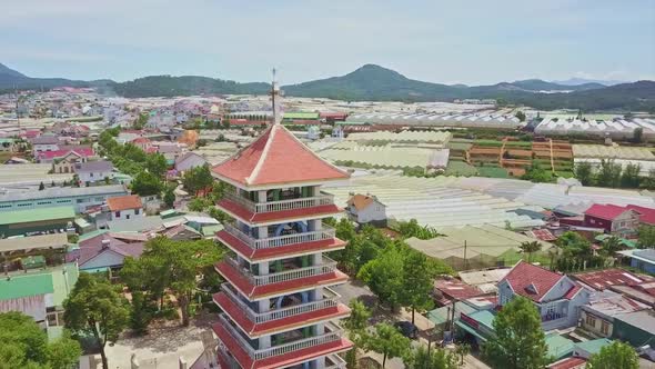 Catholic Church Multilevel Bell Tower Against City