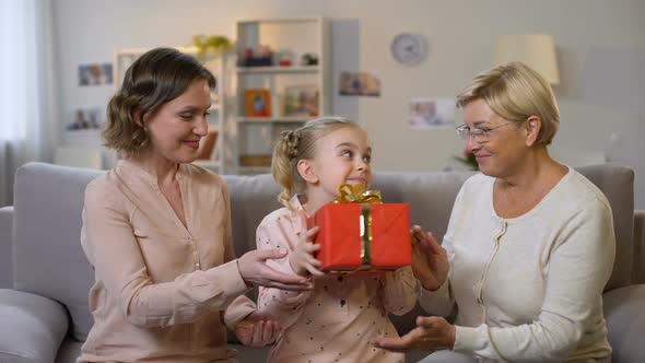 Pretty Woman With Daughter Presenting Nice Gift Box to Grandmother, Birthday