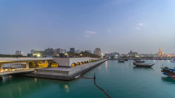 View of the Doha City in Front of the Museum of Islamic Art Day to Night Timelapse in the Qatari