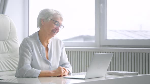 Smiling senior company lady worker waves hand and talks at online video