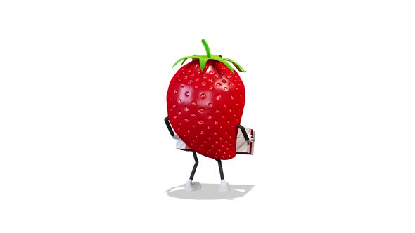 Strawberry Dancing With A Gift on White Background