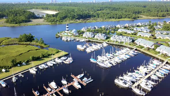 Aerial view of intercoastal marina in South Carolina.