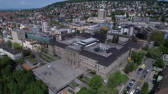 High angle aerial perspective of University of Zurich buildings, Switzerland