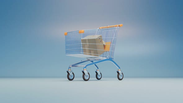 Animation of packages falls into a cart. Concept of shopping and shipping. Buy.