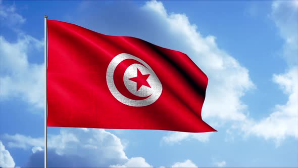 Abstract Background with the Flag of Tunisia Swaying in the Wind on Blue Sky and Clouds Background