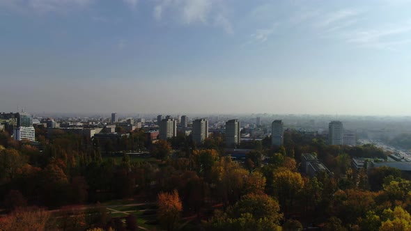 residential apartment buildings Warsaw/Warszawa near Klub Park, veiled in a cloud of smog, green are