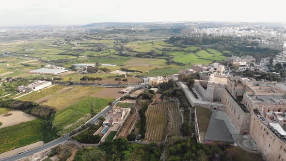 Mdina, panoramic view outside city walls overlooking the Maltese landscape, in Malta