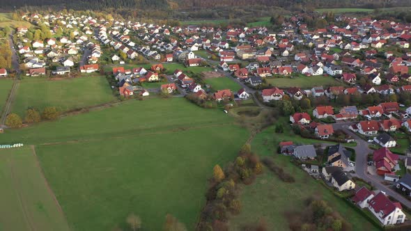 Aerial view of a village with photovoltaic on the roofs, Marbach, Germany.
