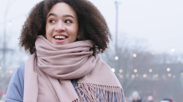 Portrait of Young Girl Student African American Lady Woman with Curly Hair and in Pink Scarf Stands