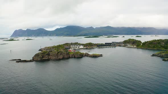 Flying Around the Hamn i Senja Village Located on the Senja Island in Norway