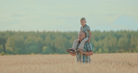 Walk in the Field of Father and Son. Happy Dad Carries Son's Shoulders in the Village