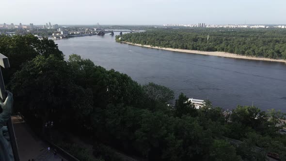 The Architecture of Kyiv. Ukraine: Monument To Volodymyr the Great. Aerial View, Slow Motion