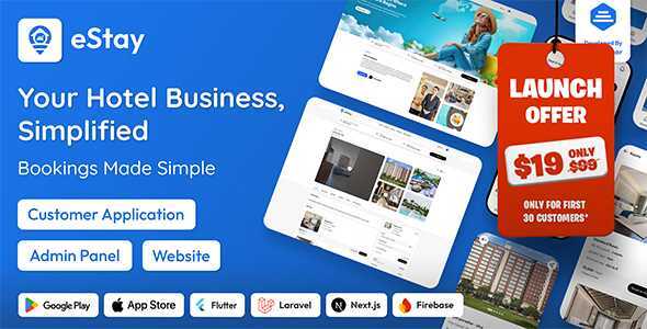 eStay - Hotel Booking & Management System with Flutter App, PWA Web & Laravel Admin