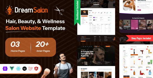 Dream Salon - Beauty Salon & Spa Booking Website Template (HTML, React, Next.js, Vue & Angular)