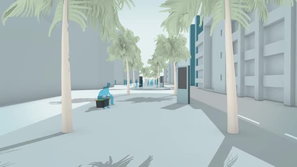 3D animation through street with palms and stylized peoples and totem video screen