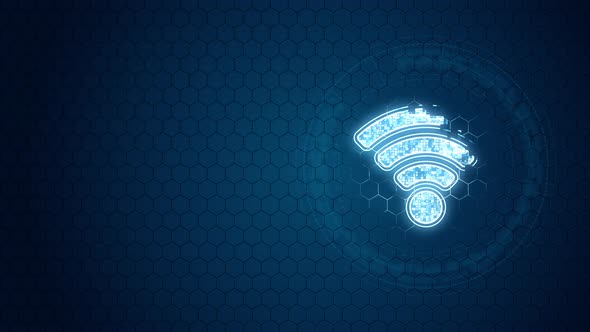 Blue digital WIFI logo with circle rotation on hexagon shape background