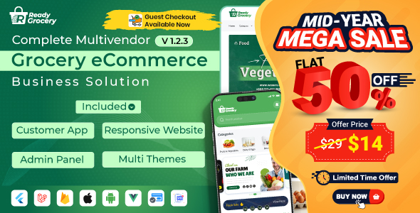 ReadyGrocery– Multivendor Grocery & eCommerce Mobile App with Website & Laravel Admin Panel