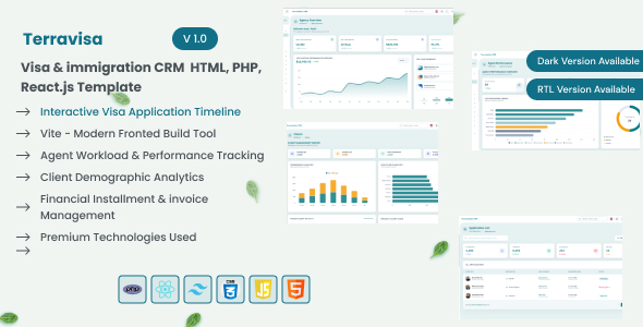 TerraVisa – Visa & Immigration CRM HTML, PHP, React.js Admin Template