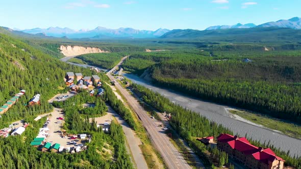 4K Drone Video of Denali Park Village along the Nenana River on the George Parks Highway Alaska Rout