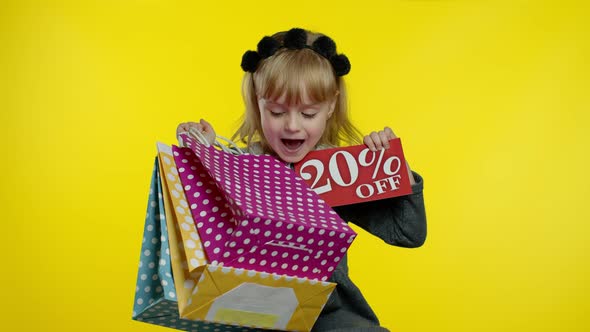 Pupil Blonde Girl with Shopping Bags Showing 20 Percent Off Banner Text Advertisement. Holiday Sale