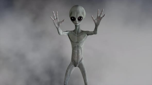 Scary Gray Alien Stands and Looks Blinking on a Dark Smoky Background