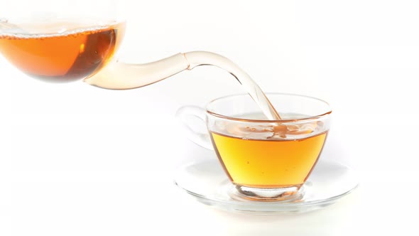 Super Slow Motion Shot of Pouring Tea Isolated on White Background at 1000 Fps.