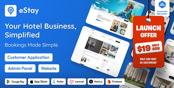 eStay - Hotel Booking & Management System with Flutter App, PWA Web & Laravel Admin