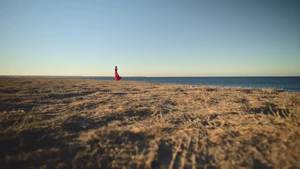 A Romantic Woman in a Red Dress Stands on the High Seashore