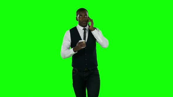 Businessman Cell Phone and Drink Coffee, Green Screen