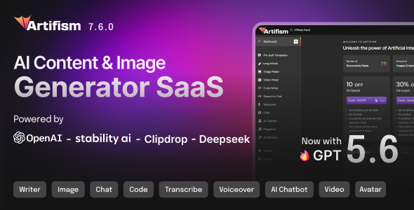 Artifism – AI Content, Image, Video, Chat, Chatbot, Voiceover & Code Generator SaaS