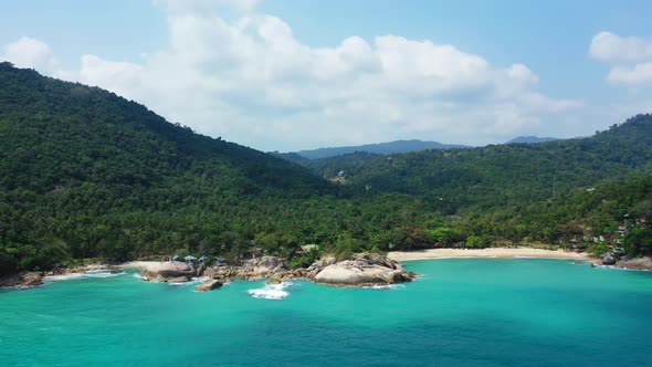 Aerial drone view sky of marine sea view beach lifestyle by blue green water with white sandy backgr