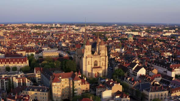 French Cathedral Church drone paralax during golden hour 4k 30p