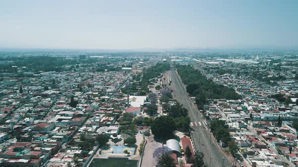 Aerial view of drone landing at a train station in Queretaro Mexico