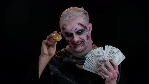 Creepy Man with Bloody Scars Face Halloween Zombie Showing Golden Bitcoins Mining Future Technology