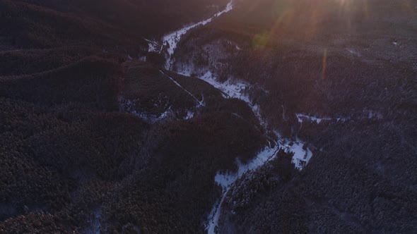 Aerial View in Sunrise Winter Mountain