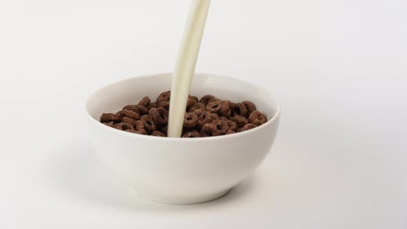 Milk pouring on chocolate cereal flakes on white background