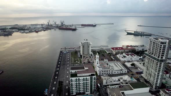 rotational drone shot of the captaincy of the port of veracruz in mexico