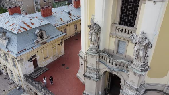 Aerial drone view of a flying over the Catholic Cathedral.